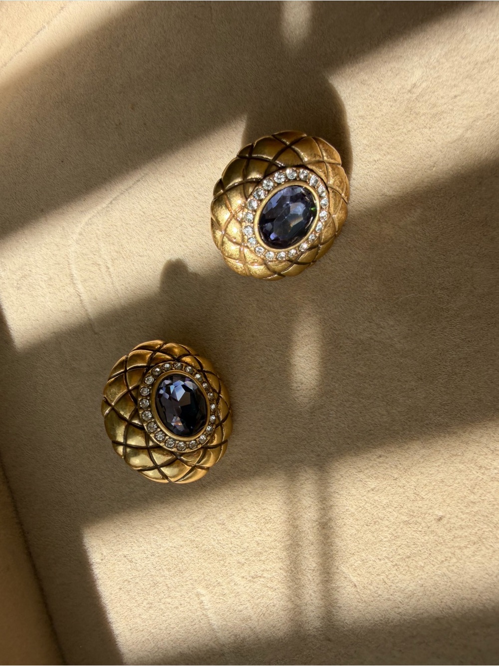 925S posts Gold-Tone Statement Earrings with Dark Blue Gemstones